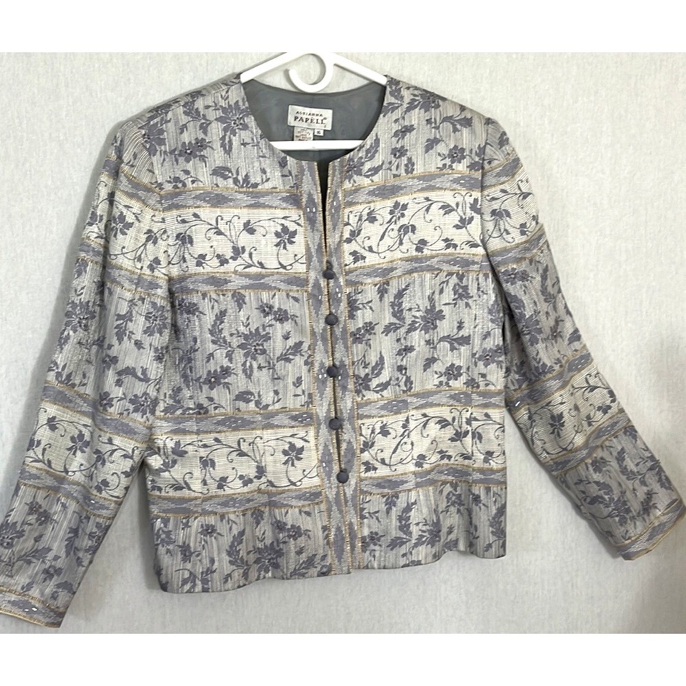 Adrianna Papell 100% silk tonal floral gray beaded jacket